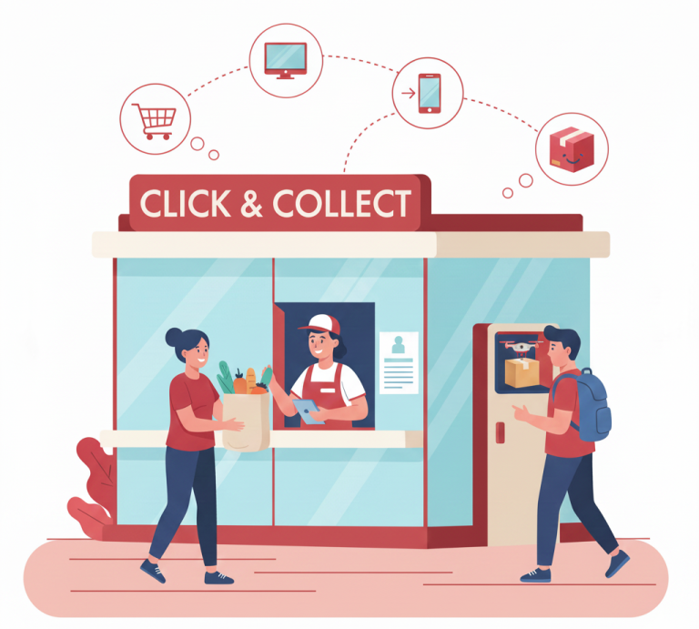 Click&Collect commerce "click and collect" avec un employé et des clients récupérant des achats.