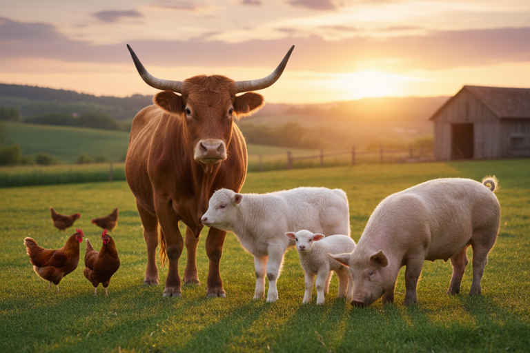 Boeuf, Veau, Agneau, Porc, volailles du sud-ouest de la France Vache, veau, cochon et poules dans un champ au coucher du soleil.