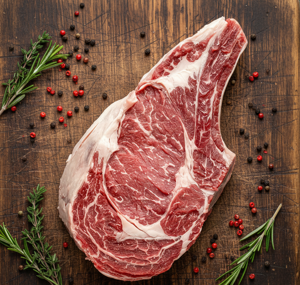 Côte de Bœuf persillée extra Cote de bœuf crue sur une planche en bois, entourée d'herbes et de grains de poivre.