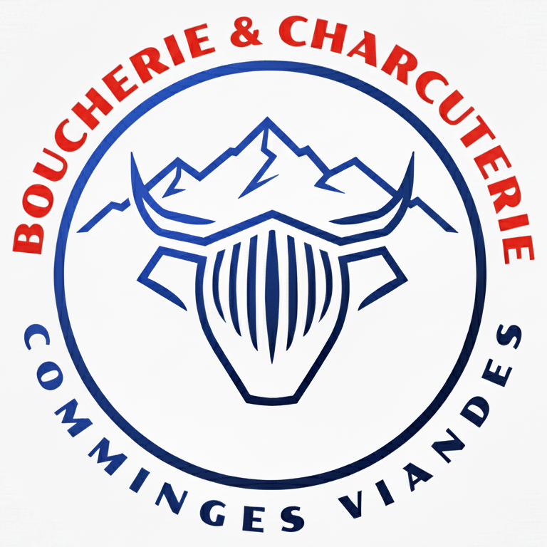 Logo de la boucherie Comminges Viandes à Saint-Gaudens Logo représentant la boucherie Comminges Viandes avec une tête de bœuf stylisé et des montagnes pyrénéennes en arrière-plan.